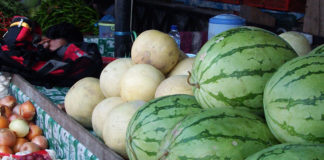marché de plein air avec melons et pastèques dans un pays du Sud