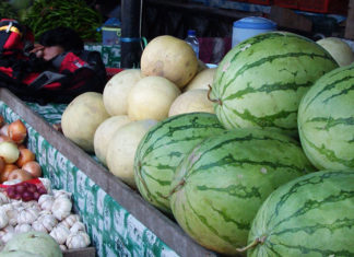 marché de plein air avec melons et pastèques dans un pays du Sud